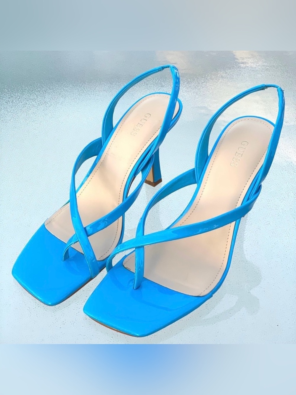GUESS Saily High Gloss Bright Blue Crisscross Strappy High Heel Sandals 9.5 M
